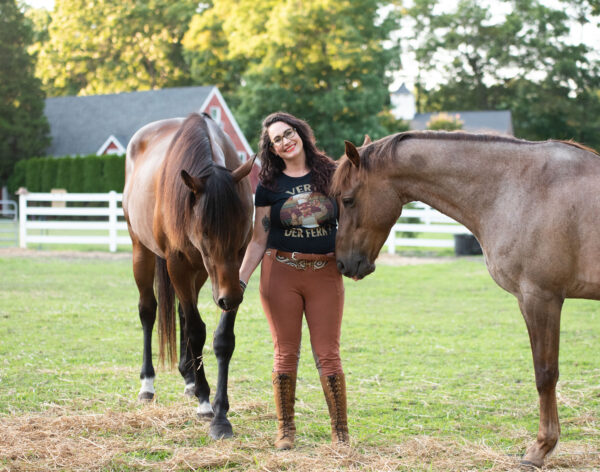 Heather Wallace owner of Animal Bodywork Aromatherapy with her two horses Delight and Ferrous based in Colts Neck New Jersey